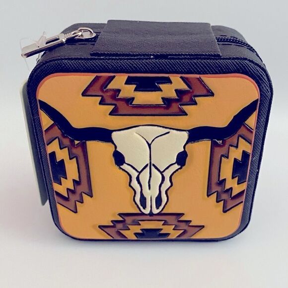 Western Skull and Aztec Print Leather Travel Jewelry Box. NWT - Picture 3 of 8